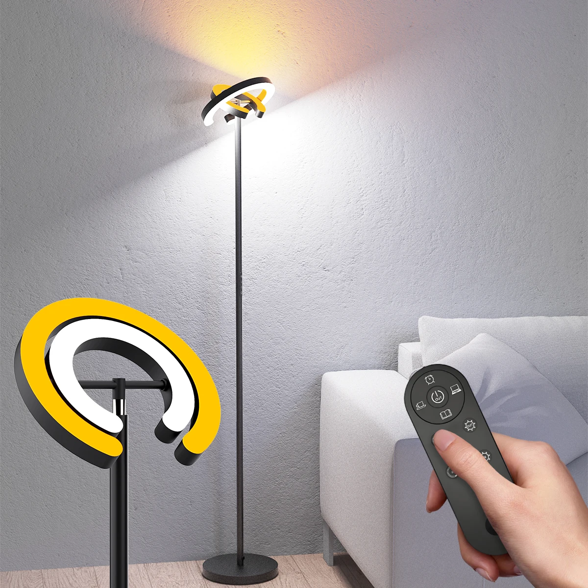 Dual C Shaped Rotatable Standing Reading Light with Remote, Stepless Adjustments Color Temperature & Brightness for Room, Office
