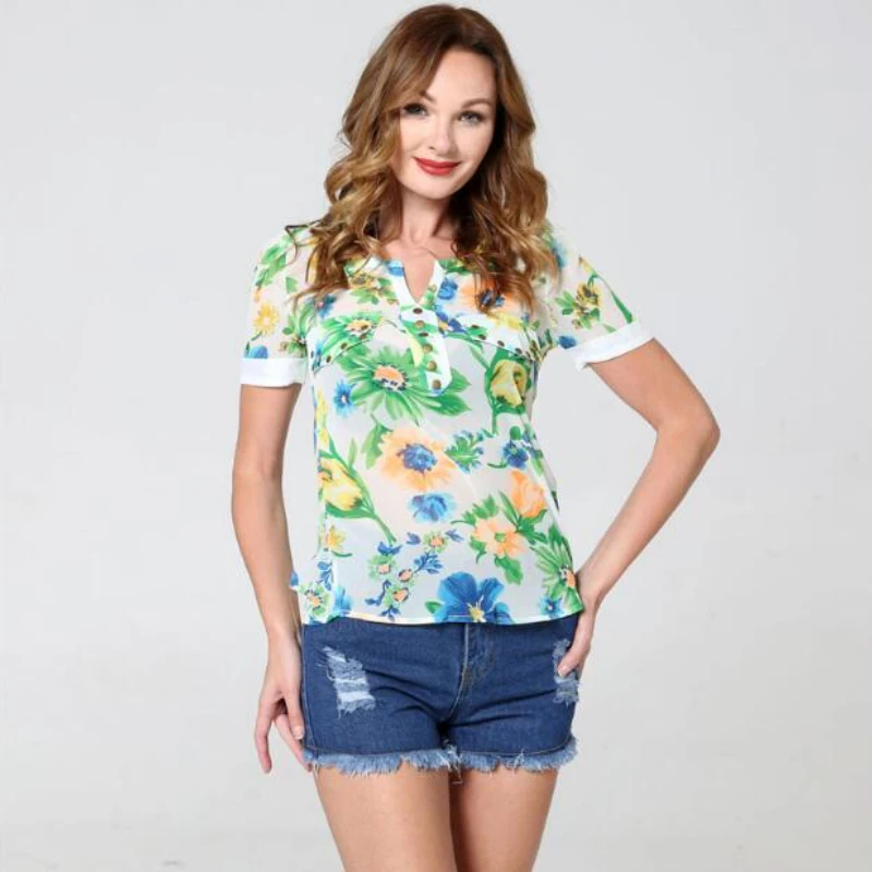 

Summer Women's Clothes Short Sleeve V-Neck Fashion Printing Chiffon Shirts Rivet Button Fly Female Floral Shirts Thin Tops Tees