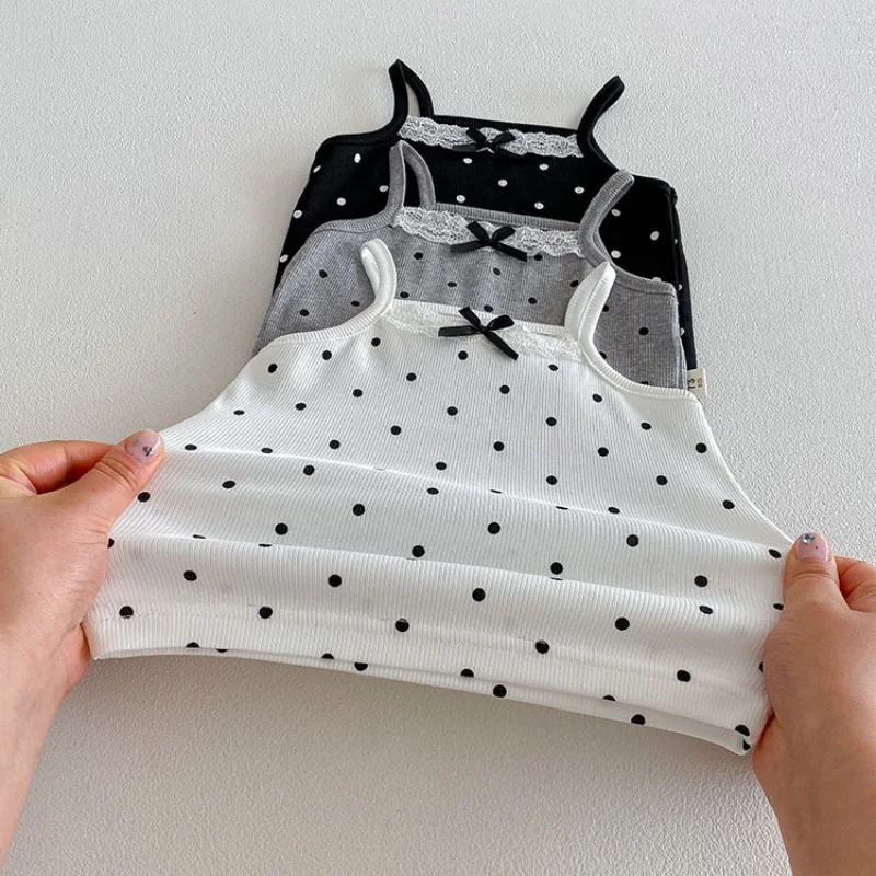 어린이 소녀 도트무늬 스파게티 스트랩 탑 여름 캐주얼 민소매 옷  레이스 트림 리본 코튼 통기성 좋은 캐미솔