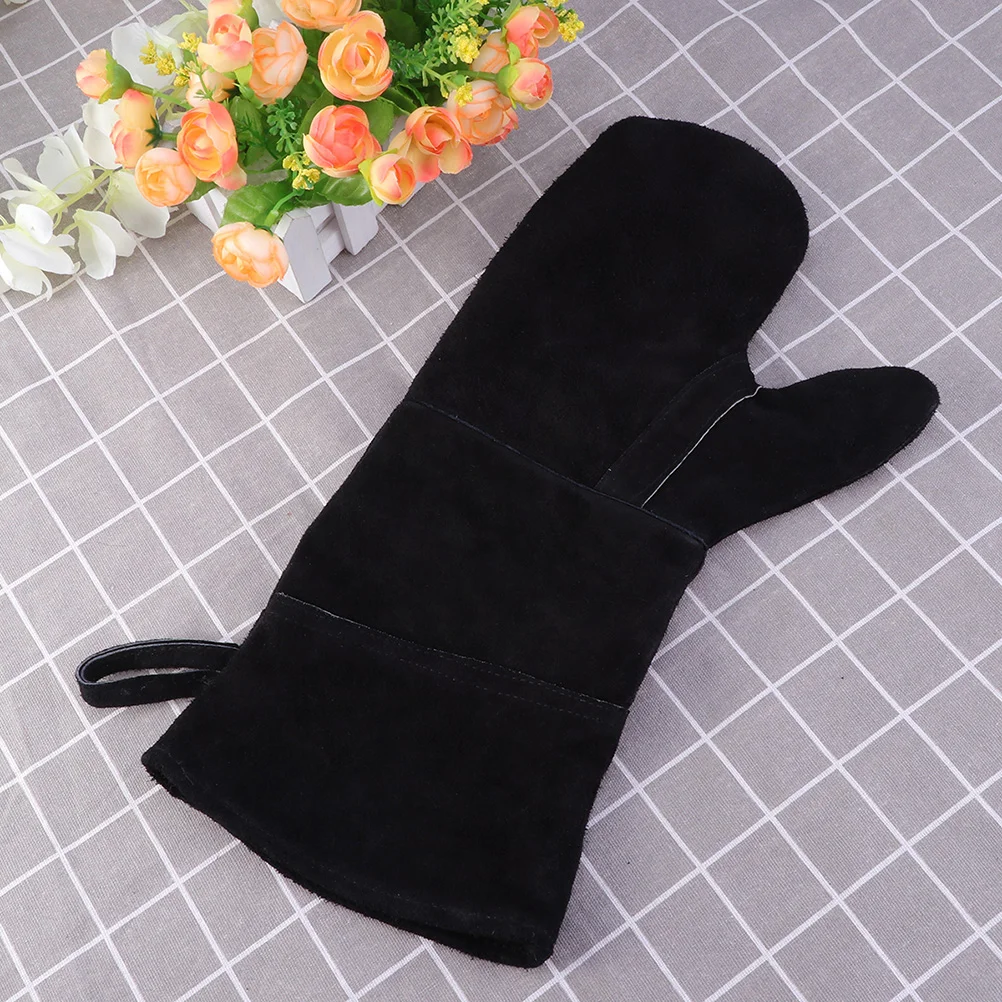 

Prevention Gloves Insulated Barbecue Gloves BBQ Gloves Anti-scald Cowhide Gloves for Fireplace Camping Use Black