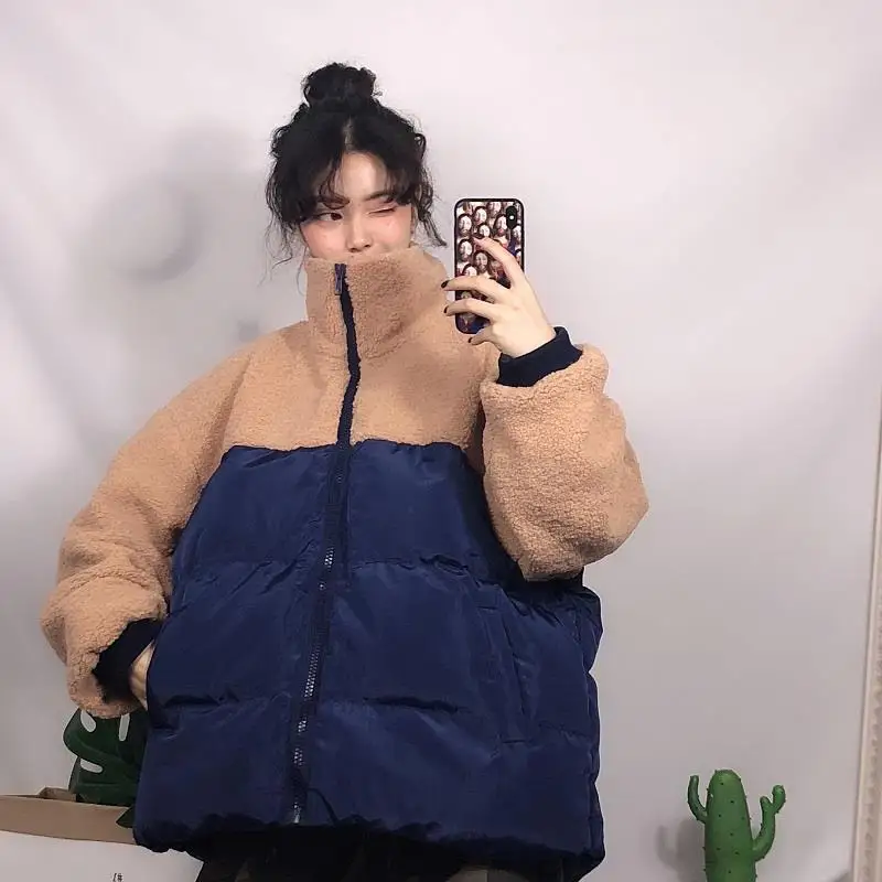 

Winter Lamb Wool Stitching Loose Warm Cotton Clothes Korean Style Cotton Jacket Loose and Thin All-Match Cotton Clothes Women