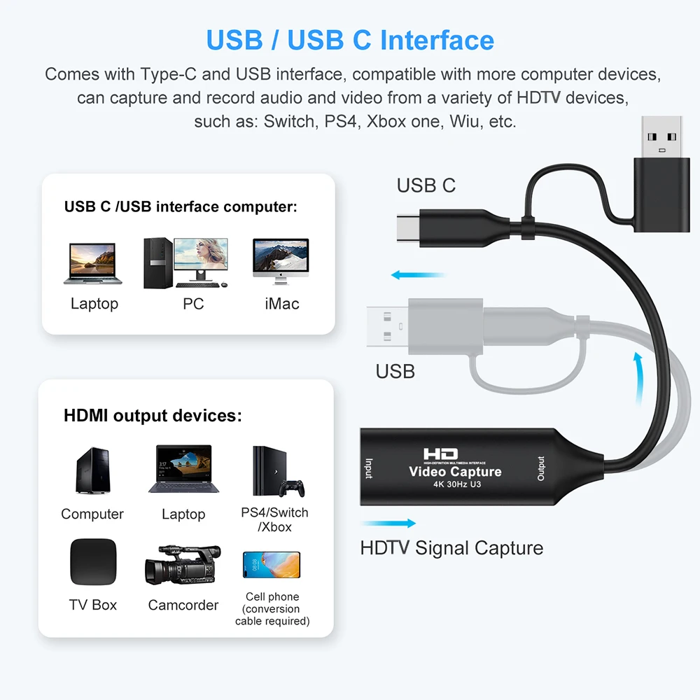 2 in 1 USB 3.0 2.0 Video Capture Card 4K HDMI-compatible to USB Type-C Game Grabber Record for Switch Xbox PS4/5 Live Broadcast