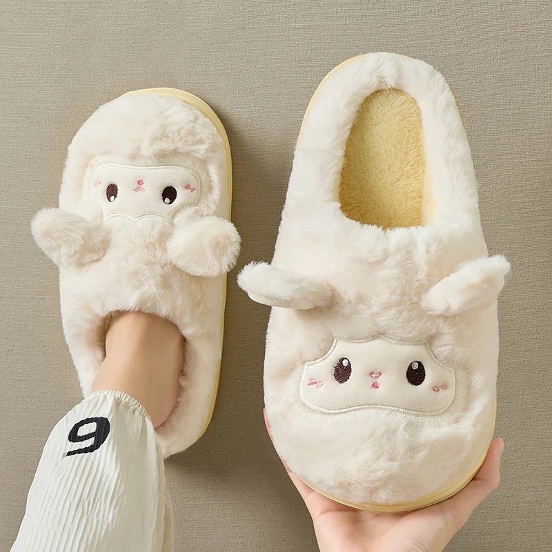Cute Cartoon Non Slip Cotton Slippers Women Comfortable Soft Sole Warm Plush Home Slippers Woman Indoor Thick Sole Fluffy Slides