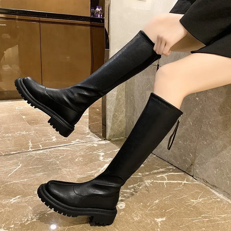 2022 Winter New Chelsea Boots Designer Women Knee-High Snow Fashion Chunky Warm Goth Botas Mid Heels Platform Femme Shoes Mujer
