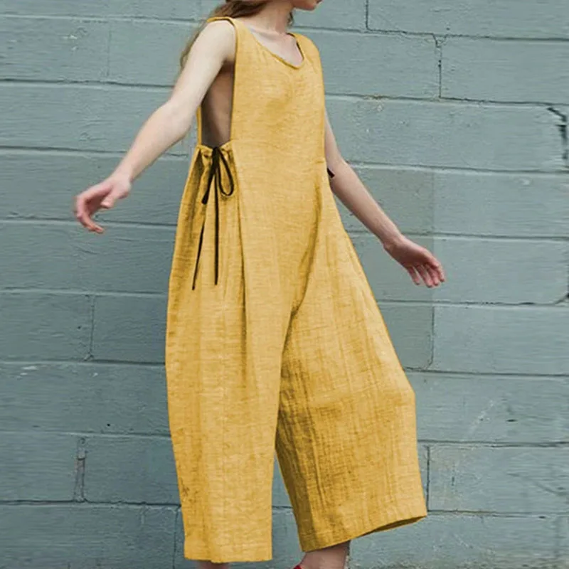 

Casual Lace Up Beach Vest Overalls Summer Loose Women's O-neck Sleeveless Jumpsuits Simple Solid Cotton Linen Straight Romper