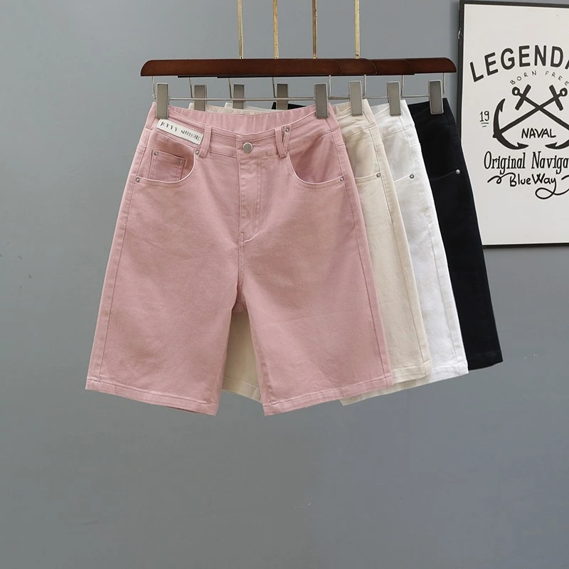 

High Waisted Straight Denim Shorts For Women's 2023 Summer New Fashion Pink Loose Casual Five Point Pants Girls Solid Jeans