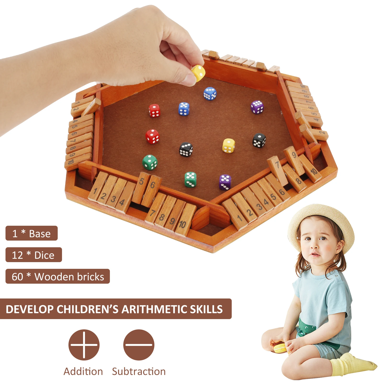 Shut The Box Game for 1 to 6 Players Wood Tabletop Board Game with 12 Dice Fun Close The Box Game Handmade Shut The Box Dice 3