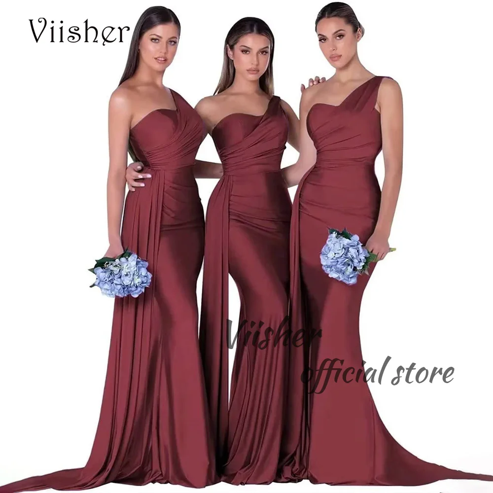 

Viisher Burgundy Mermaid Bridesmaid Dresses with Skirt Pleats Satin One Shoulder Bridesmaid Dress Lace Up Back