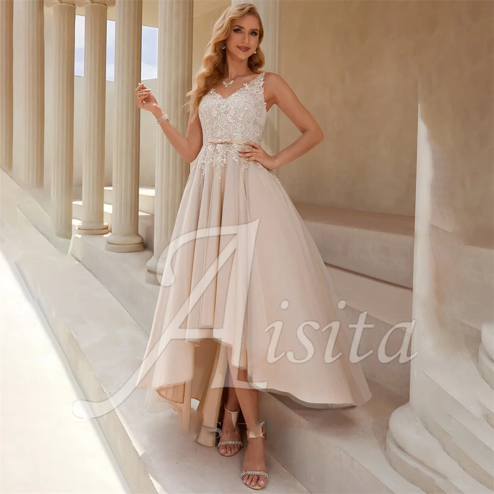 Princess A-line Wedding Dresses V-Neck Asymmetrical Lace Tulle Bride Dresses V Back Wedding Dresses For Woman Dresses Vestidos