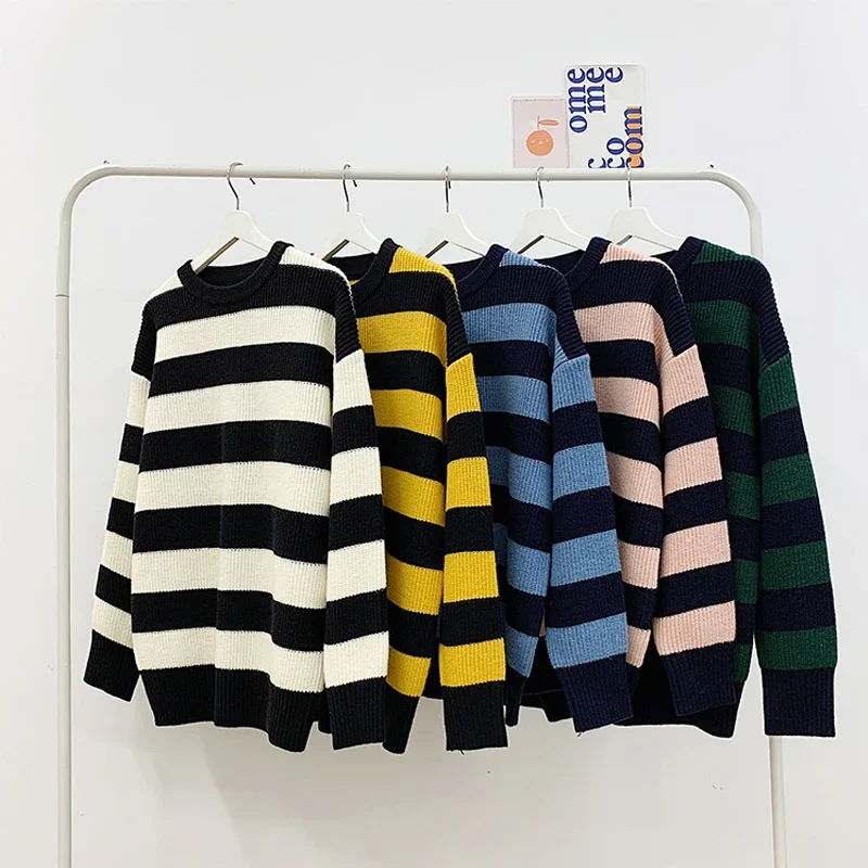 

Autumn Winter Knitted Striped Sweater Women Casual Oversized Pullovers Sweaters Loose Warm Jumper Streetwear Teen Knitwear