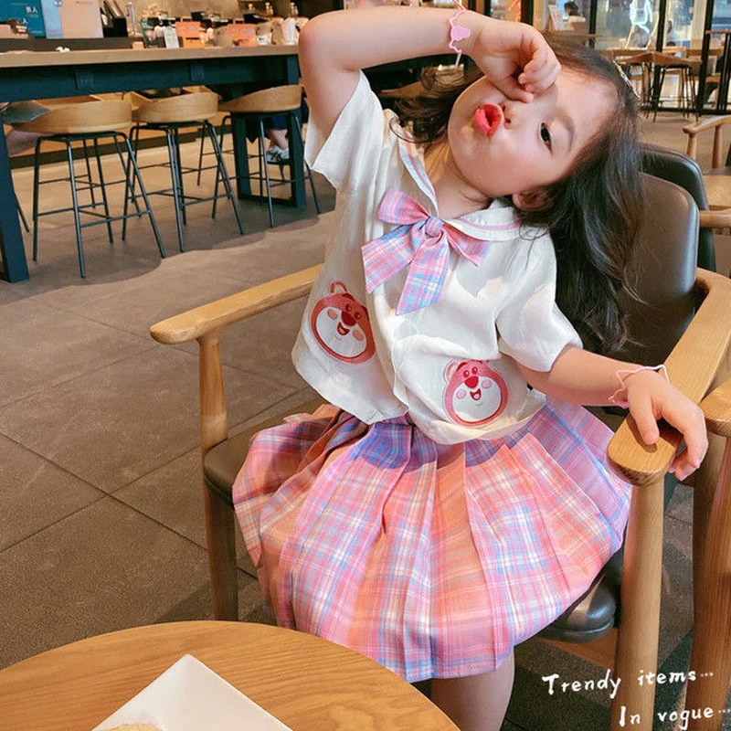 

Cute Girls Summer Academy Style Set Little Girls Cartoon Short Sleeve Short Skirt Half Skirt Student Jk Two Piece Set