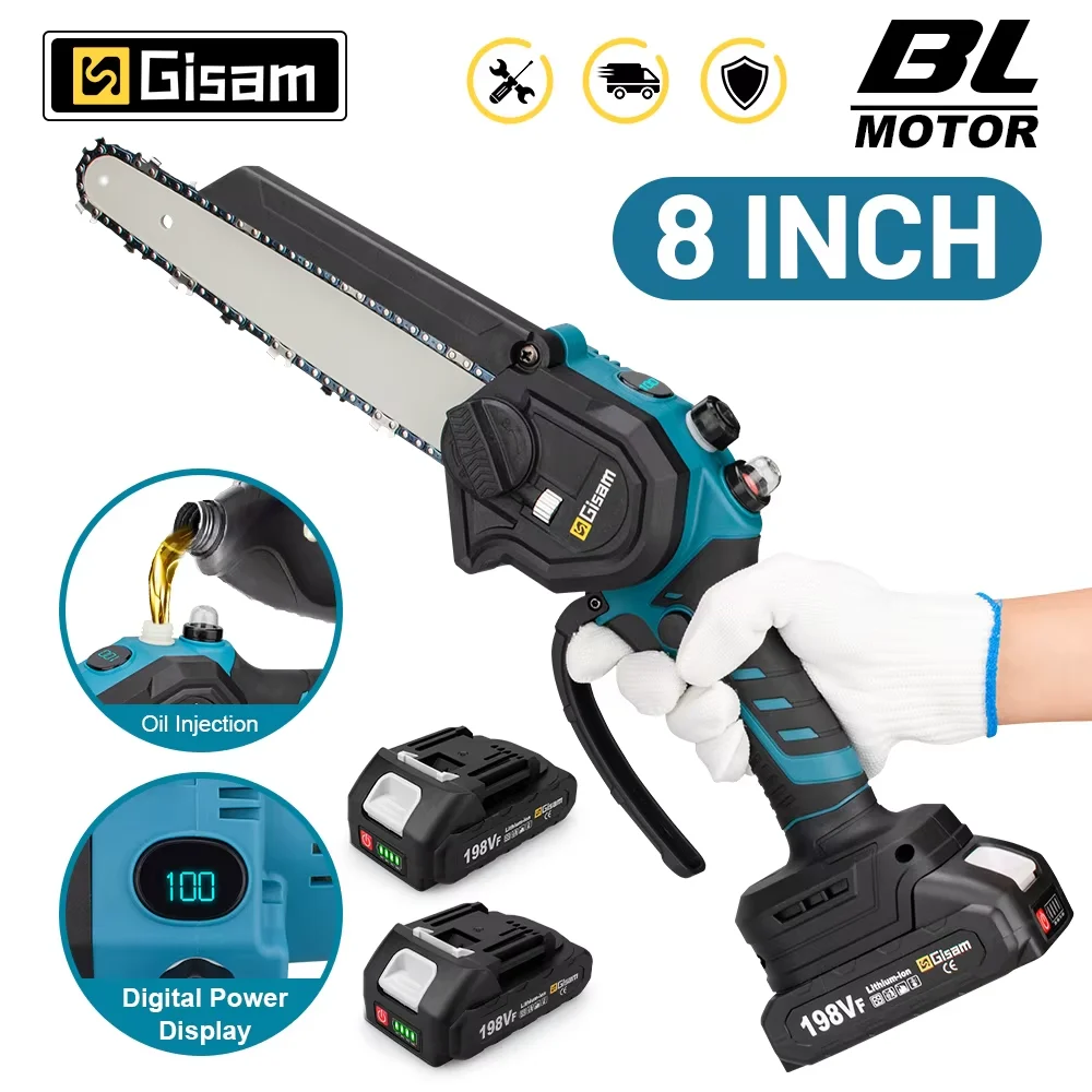 GISAM Gezione Brushless Chainsaw, 8 inch cordless electric saw for woodworking and garden pruning, compatible with Makita 18V battery pin