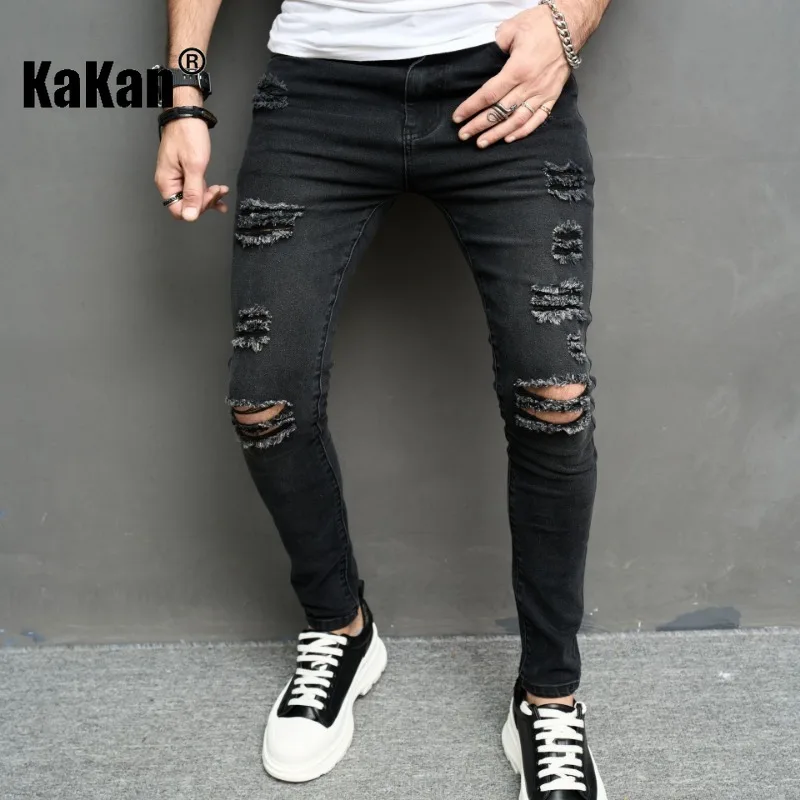 Kakan - European and American New Worn Knee Stretch Jeans for Men, Tight Black Casual Feet Slim Fit Pants K49-2008