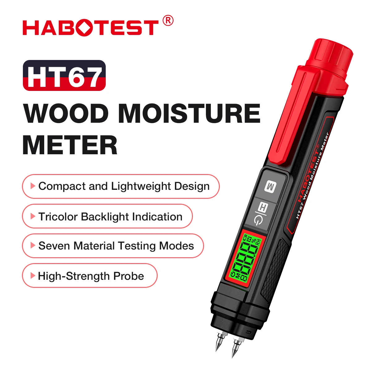 HABOTEST-HT67 Digital madeira umidade medidor, Professional madeira umidade Tester, portátil Pen-Type, Timber higrômetro, 0 ~ 58%