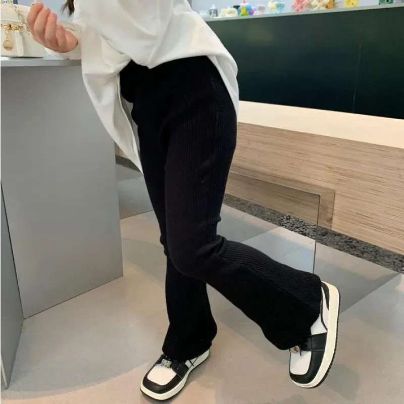 Fashion Kids Girls Cotton Ribbed Flared Pants Spring Autumn Sweet Elasticity Slim Solid Color Trousers Leisure Pants 3-7Y girls pants kids pants girls trousers