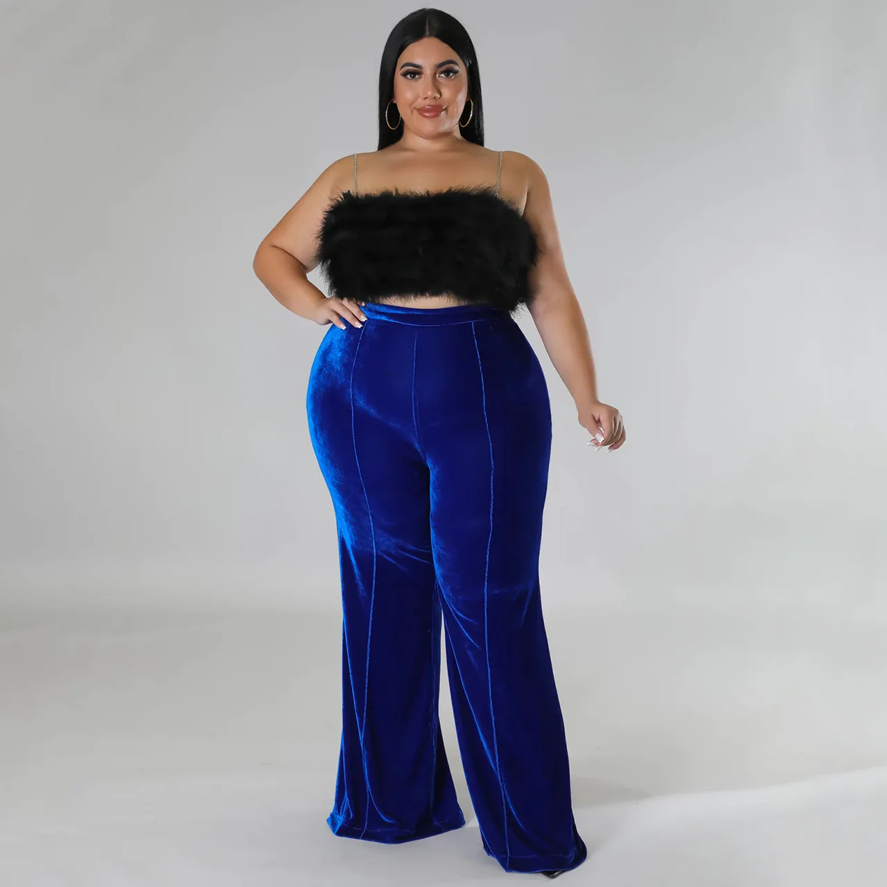 Plus Size Women Velvet Pants Solid Wide Leg Trouser 2022 Fall Female Elegant Flare Pants Lady Winter Casual Designer Trousers