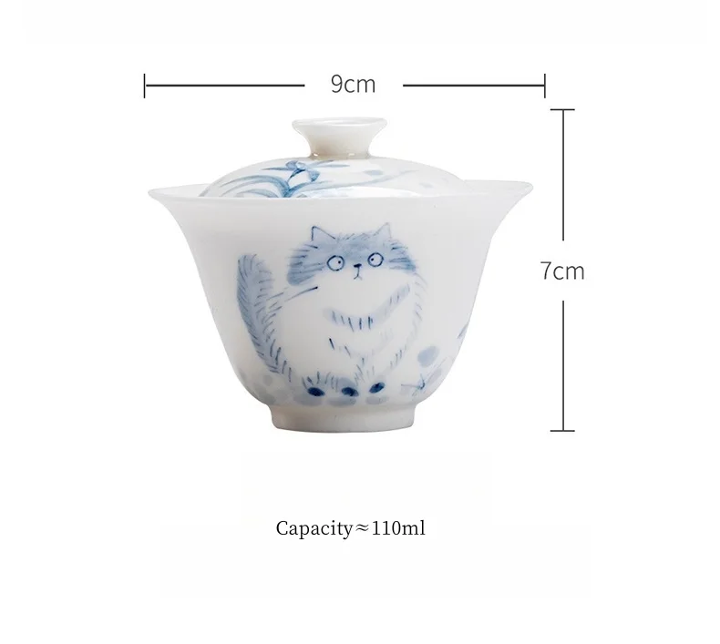 Description Picture 3 of itemHand Painted Cute Cat Jade Porcelain Gaiwan Set For Tea Chinese White Tureen Bowl Kung Fu Tea Chawan Cups Tea Ceremony
