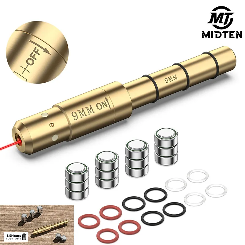 MidTen 9MM/.380/.38SPL/.348WIN/.357Cal Red Laser Bore Sighter End Barrel Compatible with all Devices Batteries Spare O-Rings