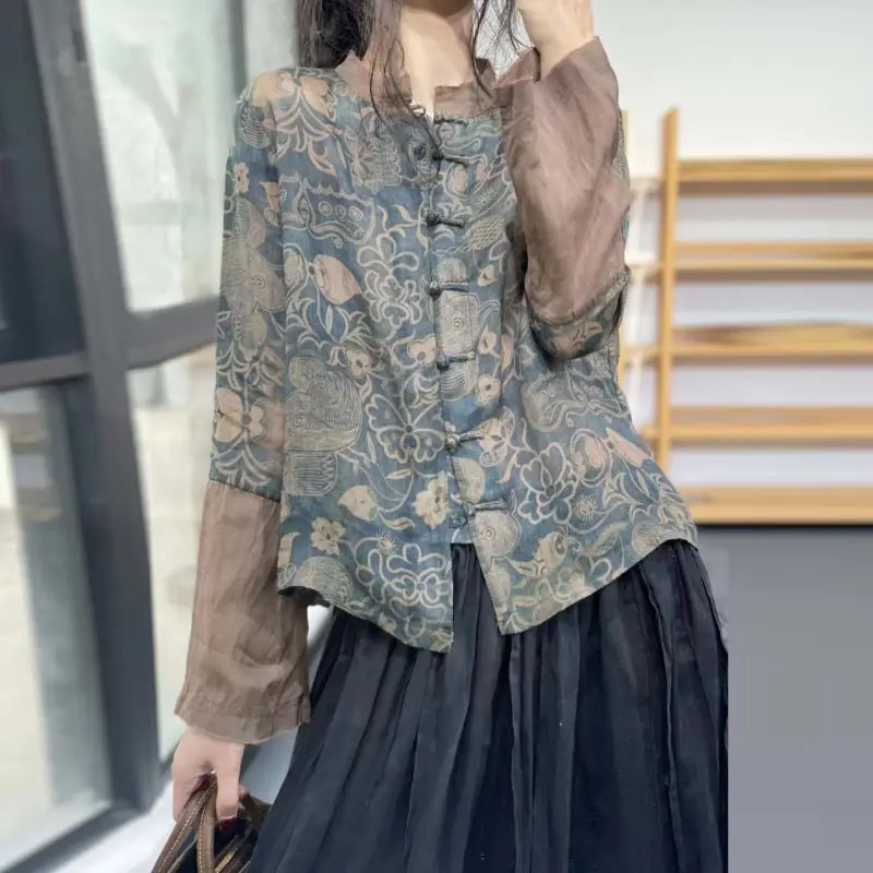 

2022 New Arrival Spring Autumn Women O-neck Casual Long Sleeve Blouse Cotton Linen Floral Pring Single Breasted Shirts V243