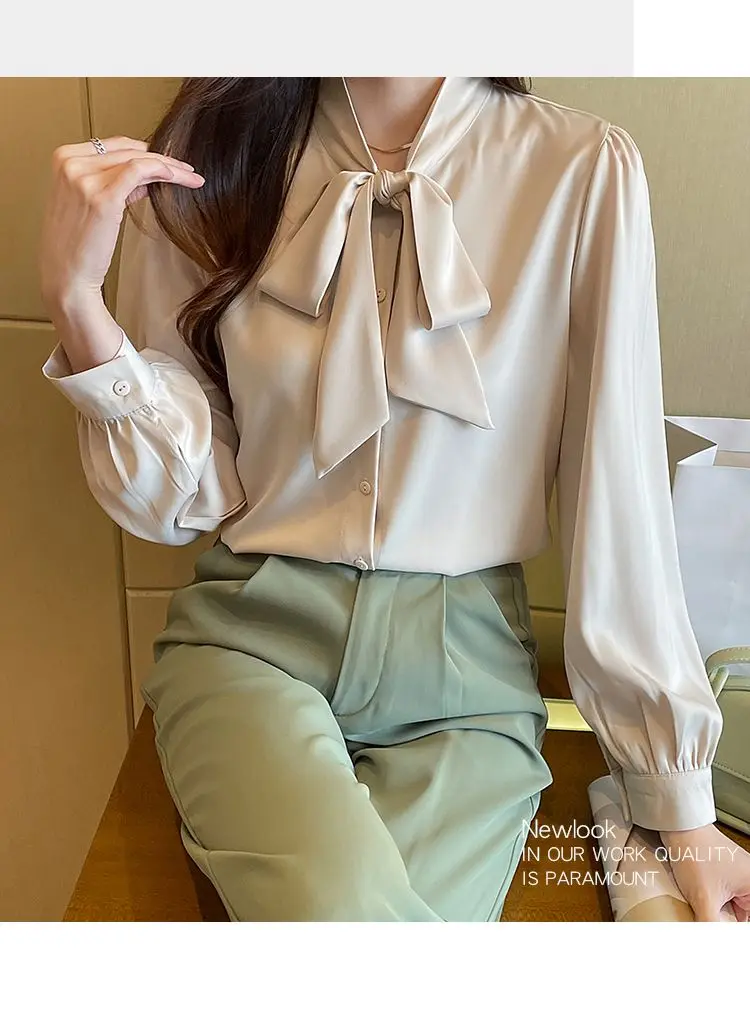 Korean Lacing Loose Solid Blouse Spring Autumn New Chiffon Long Sleeve All-match Elegant Shirt Tops Fashion Office Women Clothes
