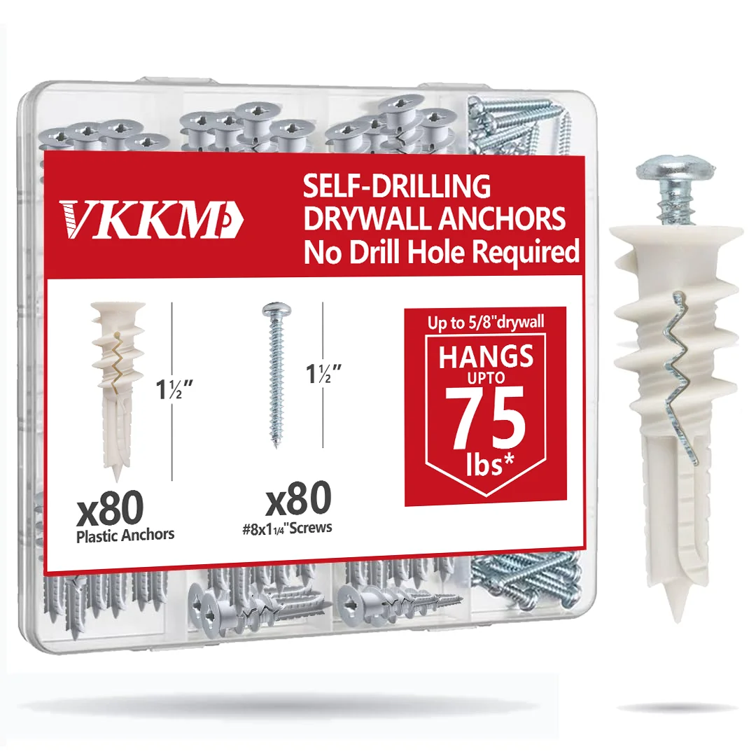 160Pcs Self Drilling Drywall Anchors and Screws kit #8 x 1-1/4&rdquo;- Superb Wall Anchors for Drywall, Holds Upto 75lbs