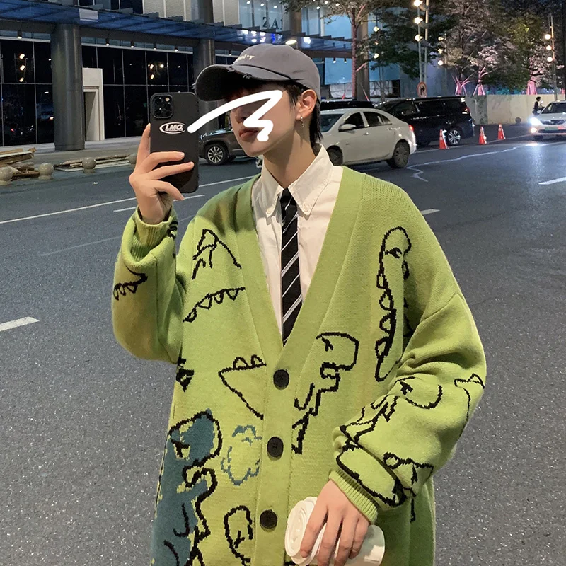 

New Oversized Cardigan Knitted Sweater Streetwear Loose Male Top Coat 2023 Hip Hop Sweater Cartoon Pattern Pullovers Men