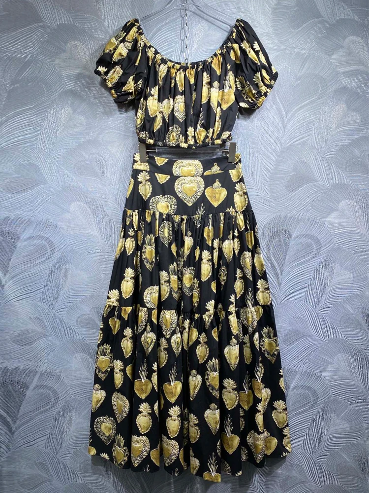 

Женский хлопковый костюм SEQINYY, черный подиумный короткий топ с винтажным принтом и эластичная юбка-трапеция, лето-Весна 100%