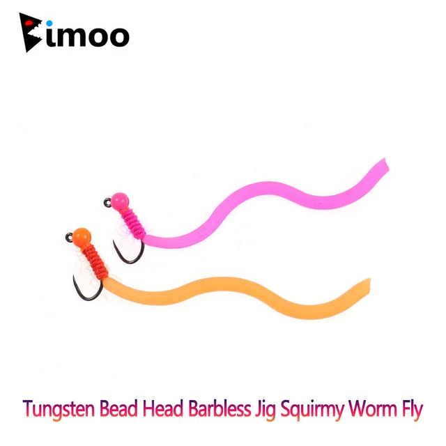 Bimoo 6PCS #14 Tungsten Bead Head Jig Squirmy Worm Barbless Fly