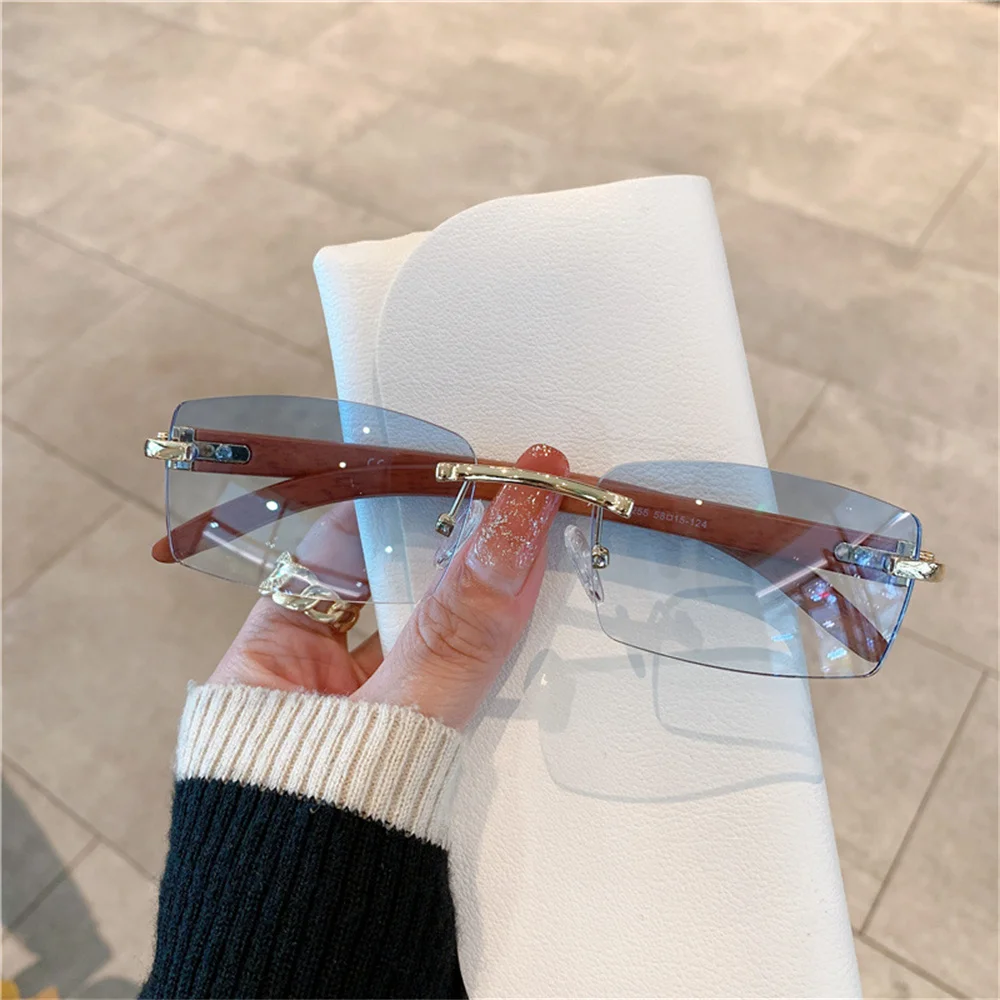  - Rectangle Rimless Sunglasses Wooden Frame Eyewear Luxury Brand Design Women Men Small Square Sun Glasses for Male Traveling 2023