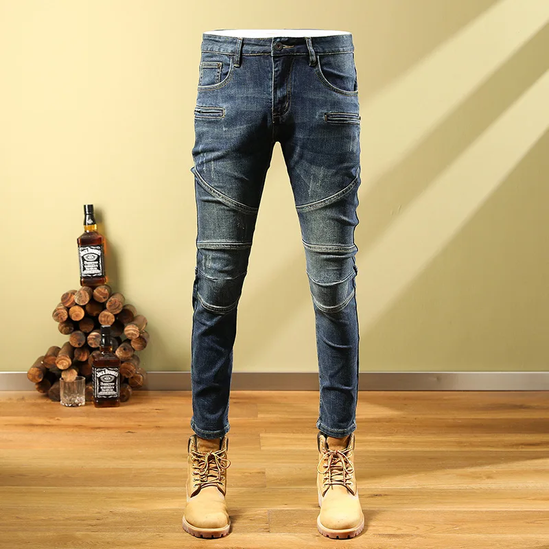 

Vintage Men's Motorcycle Jeans Men's Trousers High-end Design Men's Splicing Men's Trousers