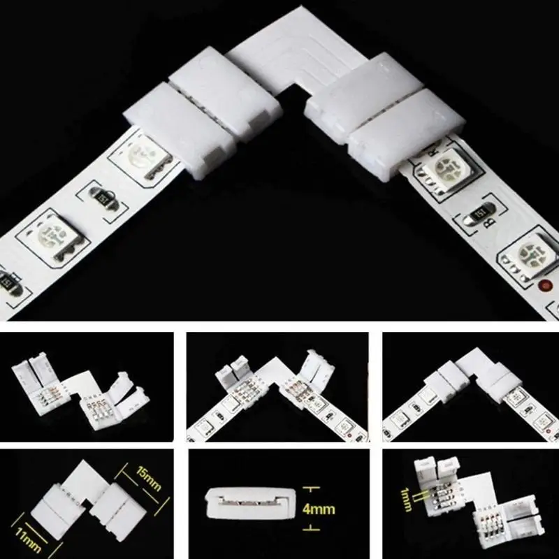 652F 10Pcs 10mm 4 핀 L 모양 LED 스트립 코너 커넥터 90도 10mm 5050 RGB 스트립 조명 90 ° 각도 Conncet