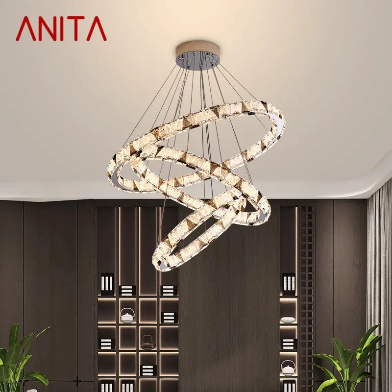 

ANITA Modern Crystal Pendant Lamp Led Ring Chandelier Creative Light Luxury Round Decor For Living Room Villa Fixture