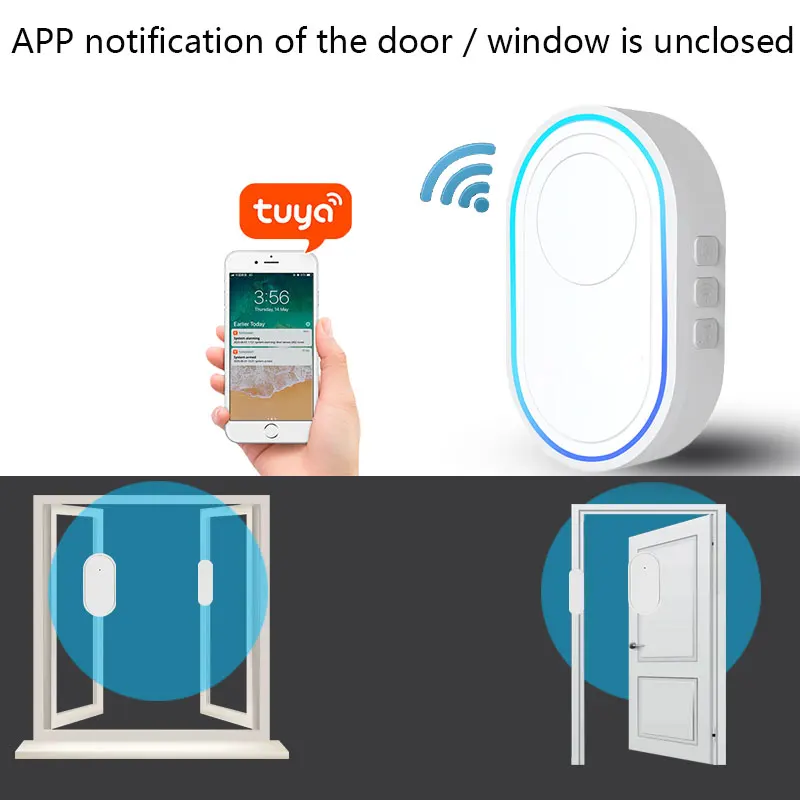 Tuya Wifi Door Open Sensor Chime 433MHz Security Alarm Smart 180M Range Wireless Door Window Door Sensor Entry Chime Home