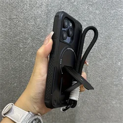 Luxury Kickstand Magnetic Strap Case - Wireless Charging Shockproof Back Cover - iPhone 18 Pro Max (Black With Lanyard)