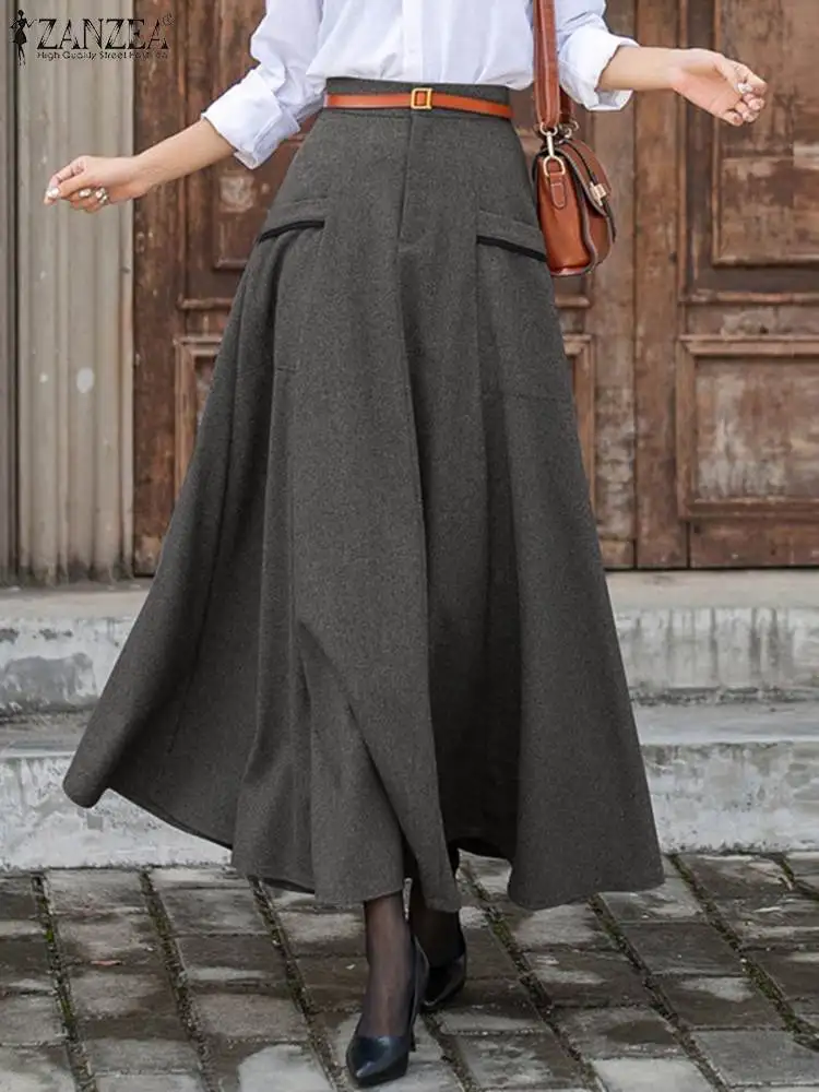 

ZANZEA Women Umbrella Long Skirt 2024 Spring Office A Line Faldas Formal Female High Waist Jupe Casual Loose Swing Maxi Skirts