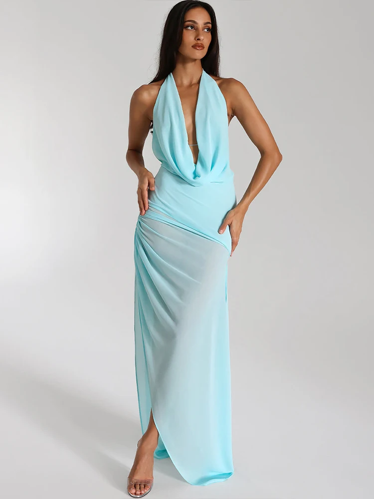 Nibber Fashion Side Split Sexy Dress Women Multilayer Knot Ribbon Halter Swing Collar Backless Sleeveless 2 Ways Wear Bodycon