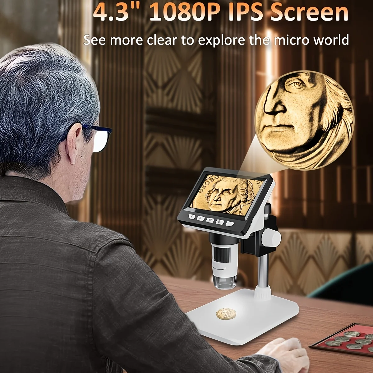 4.3인치 LCD 디지털 현미경, 1000X 배율, 1080P USB 카메라, LED 조명 8개, PC/노트북 호환, 동전 검사 도구