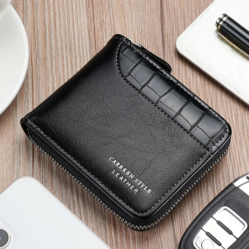 Luxury RFID Leather Men's Wallet - Zipper Credit Card Holder with Coin Pocket, Elegant Gift