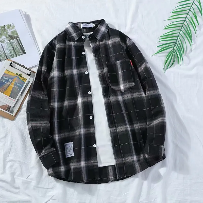 New Autumn Casual Long Sleeved Plaid Shirt Korean Version Men's Loose Harajuku Style Trendy Shirt Jacket Hip-Hop Street Clothing