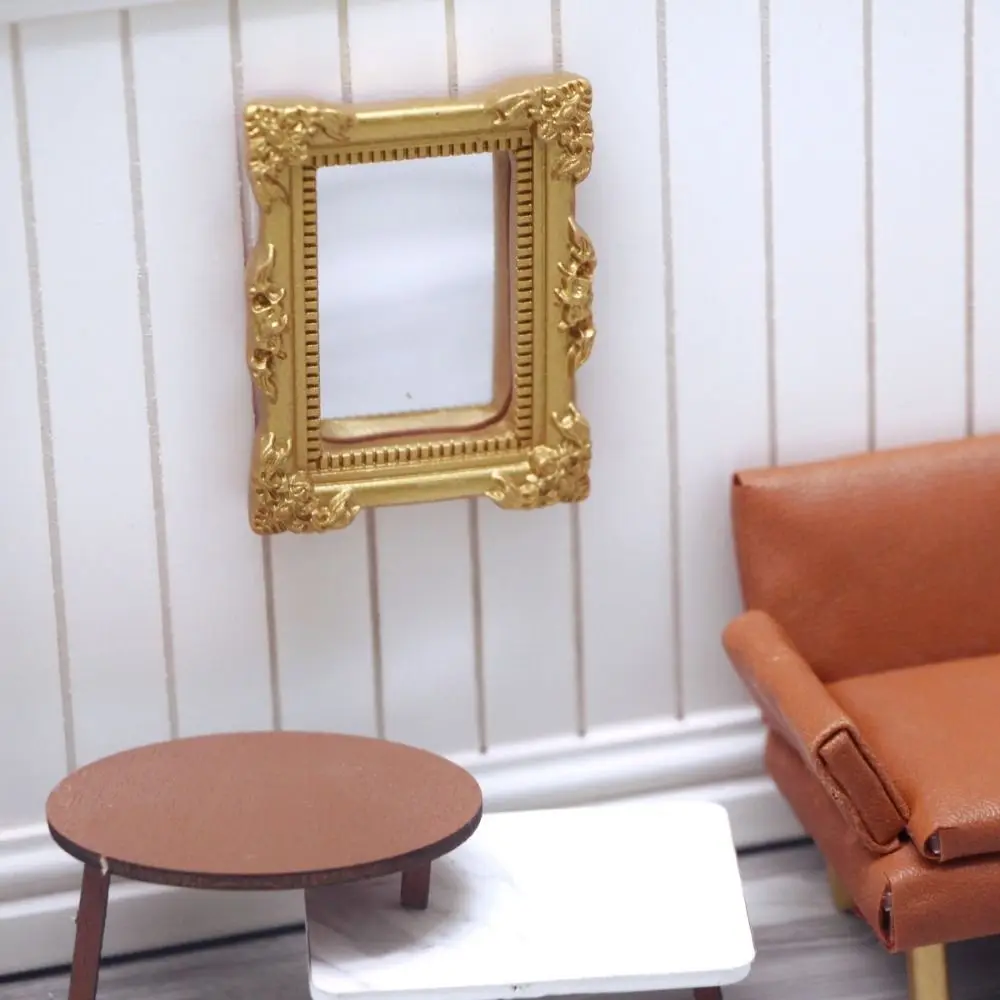 Pretend Play 1:6/1:12 Doll House Furniture Retro Carving DollHouse Mirror Model Metal Border DIY OB11 Simulation Handle Mirror