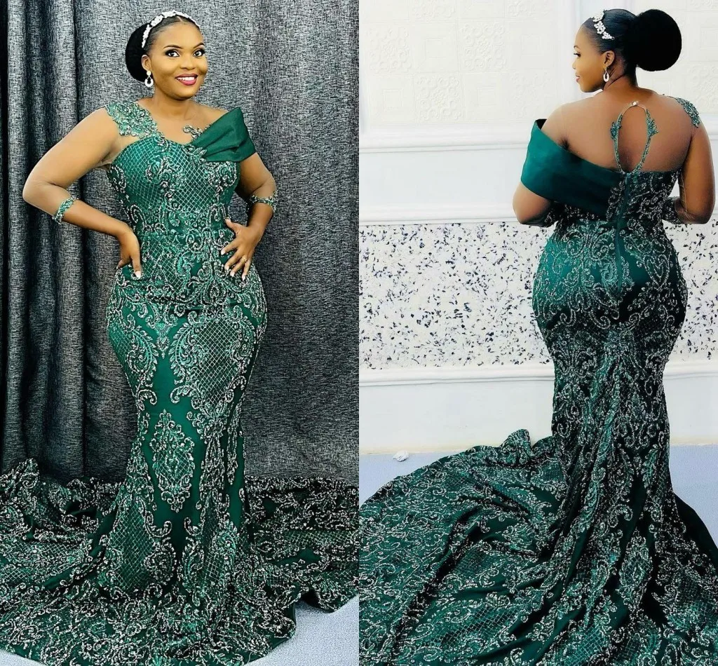 

Plus Size Arabic Aso Ebi Mermaid hunter green Prom Dresses Lace Beaded Evening Second Reception Birthday Engagement gown