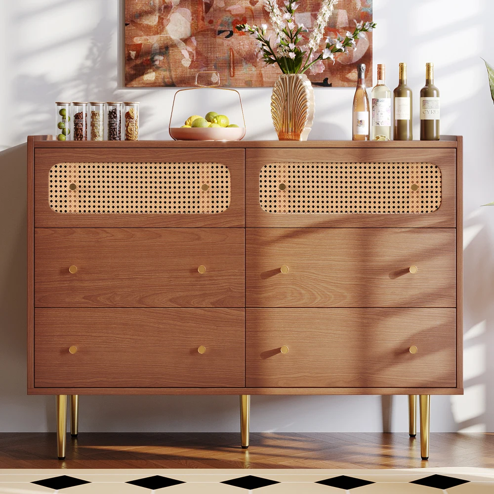 PINGGO 6-Schubladen Rattan-Kommode Walnuss Highboard für Schlafzimmer Wohnzimmer 120x40x90cm Aufbewahrungssideboard – Detail 4