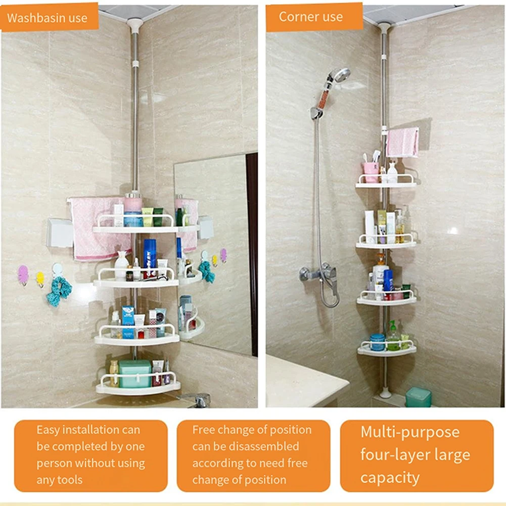 Telescopic Corner Shelf No Drilling Floor Ceiling Holder Stainless Steel Frame Shower Caddy Organizer Shelf Shower Corner Stand