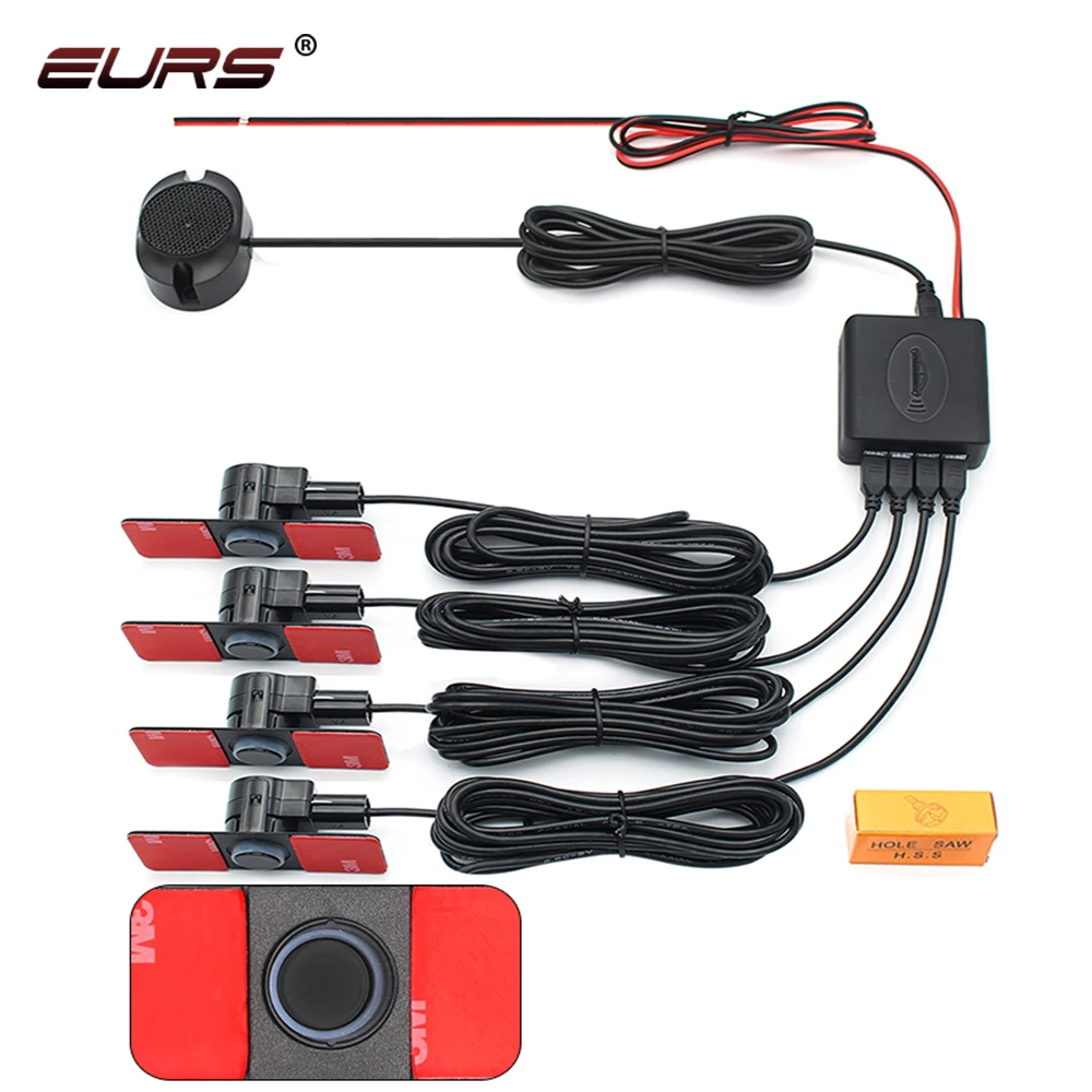 

EURS Car Sensor Reversing Assistant Parking sensors for cars Electronics 4 Black Flat Reverse Radar Sound Buzzer Alarm