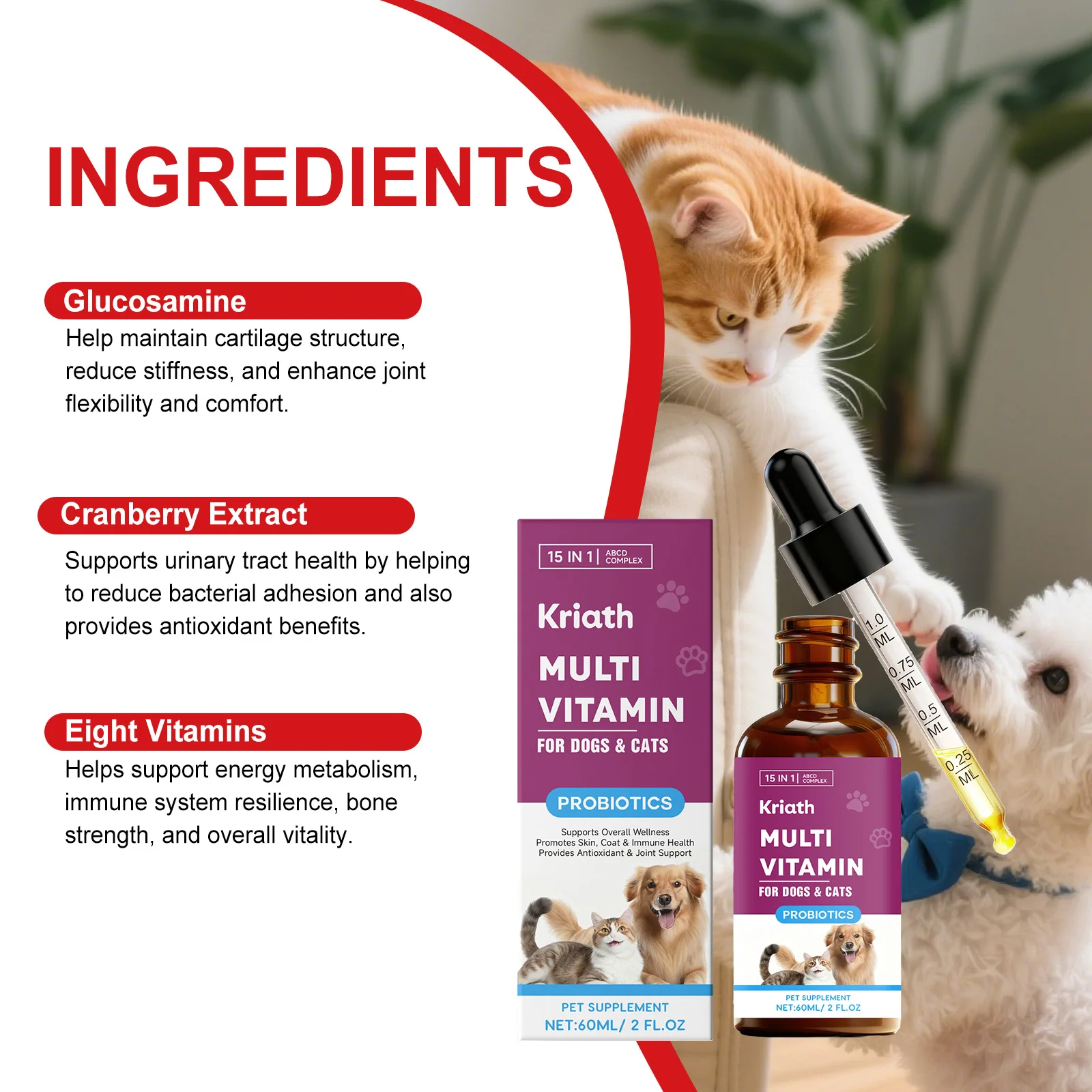 Płynne witaminy dla psów i kotów na stawy, wspierające mobilność i odporność, poprawiające zdrowie dróg moczowych, redukujące sztywność.