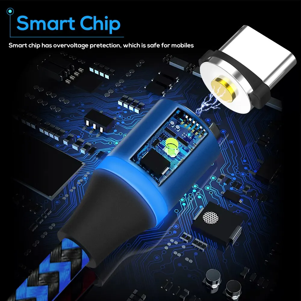Magnetic Charging Cable 3 IN 1 360 Rotation Magnetic Phone Charger Cable With LED Light For Micro USB Type C