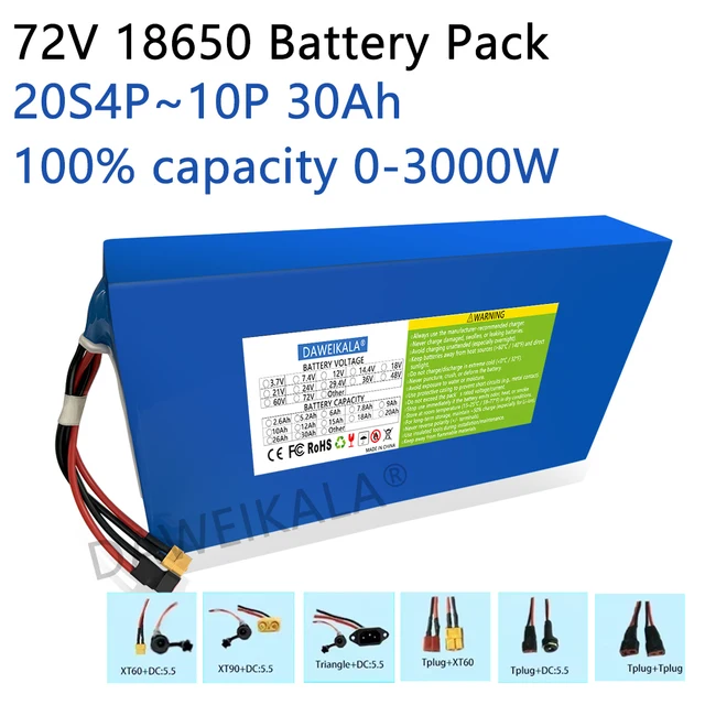 Nouveau 72V 12Ah-30Ah 18650 batterie 50A BMS 100% capacité réelle 3000W moteur haute puissance pour moto électrique Tricycle Scooter 1