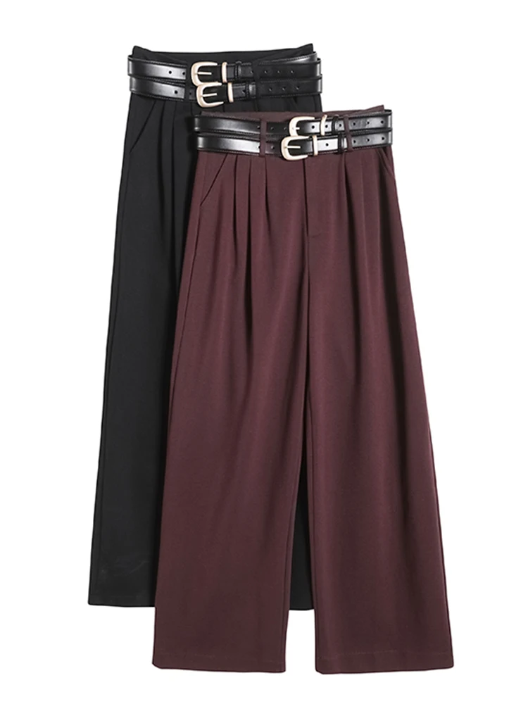 QOERLIN Standard and Velvet Winter Pants with Belt Korean Fashion High Waist Wide Leg High Waist Loose Trousers Female 2024 New