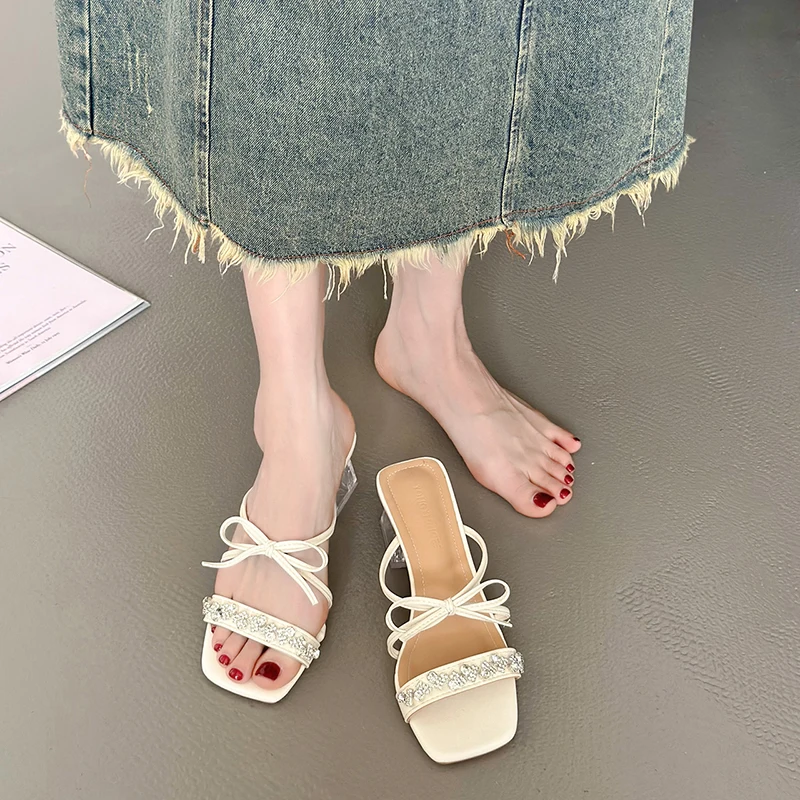 Pearl Bow Slippers 2024 Summer New Outer Wear Slippers Women High Heel Sandals Ladies Stiletto All-match Open Toe Roman Shoes