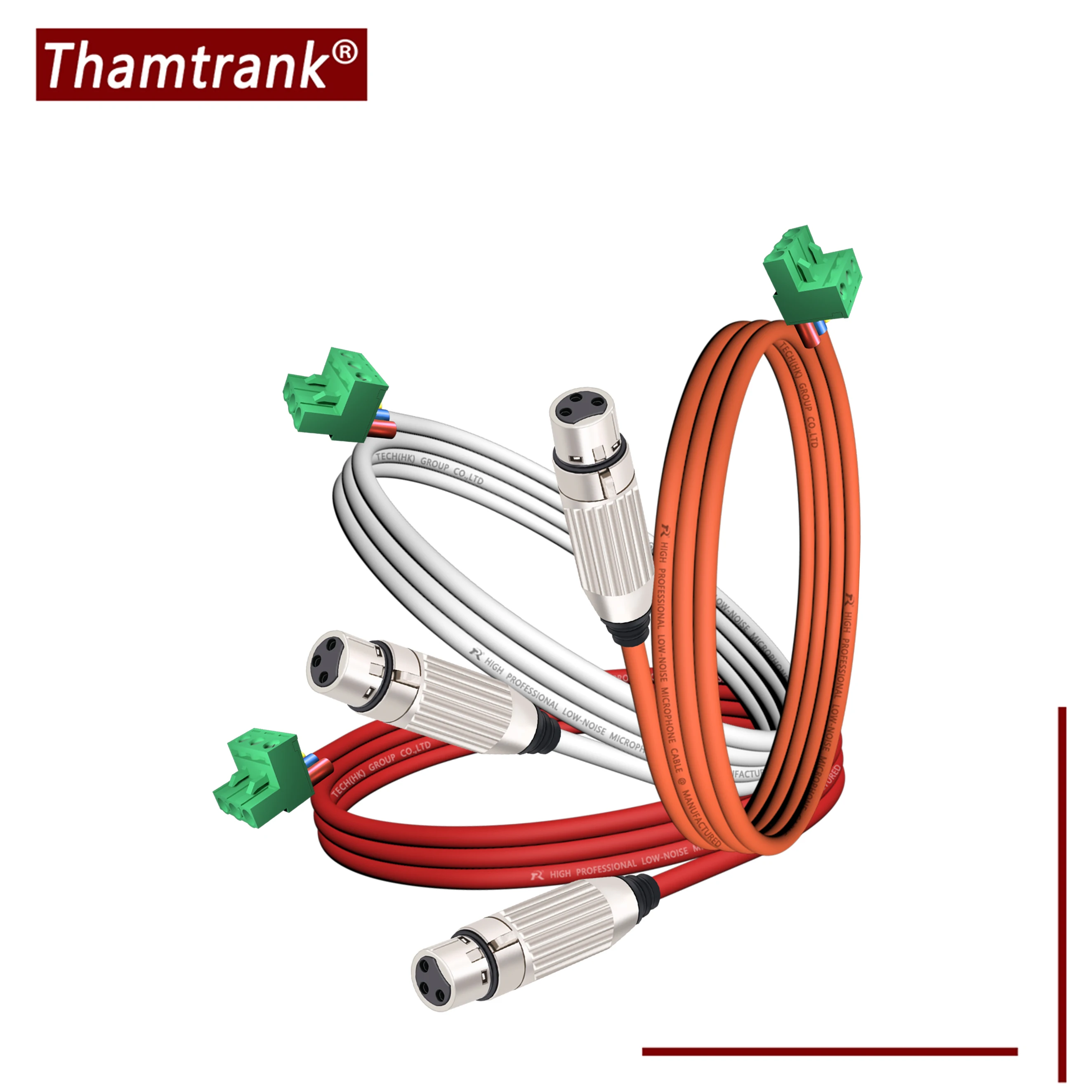 3-poliger Phoenix-Stecker, verbunden mit einem versilberten XLR 3-poligen Stecker, farbcodiertes Kabel, geeignet für professionelle Audiogeräte.